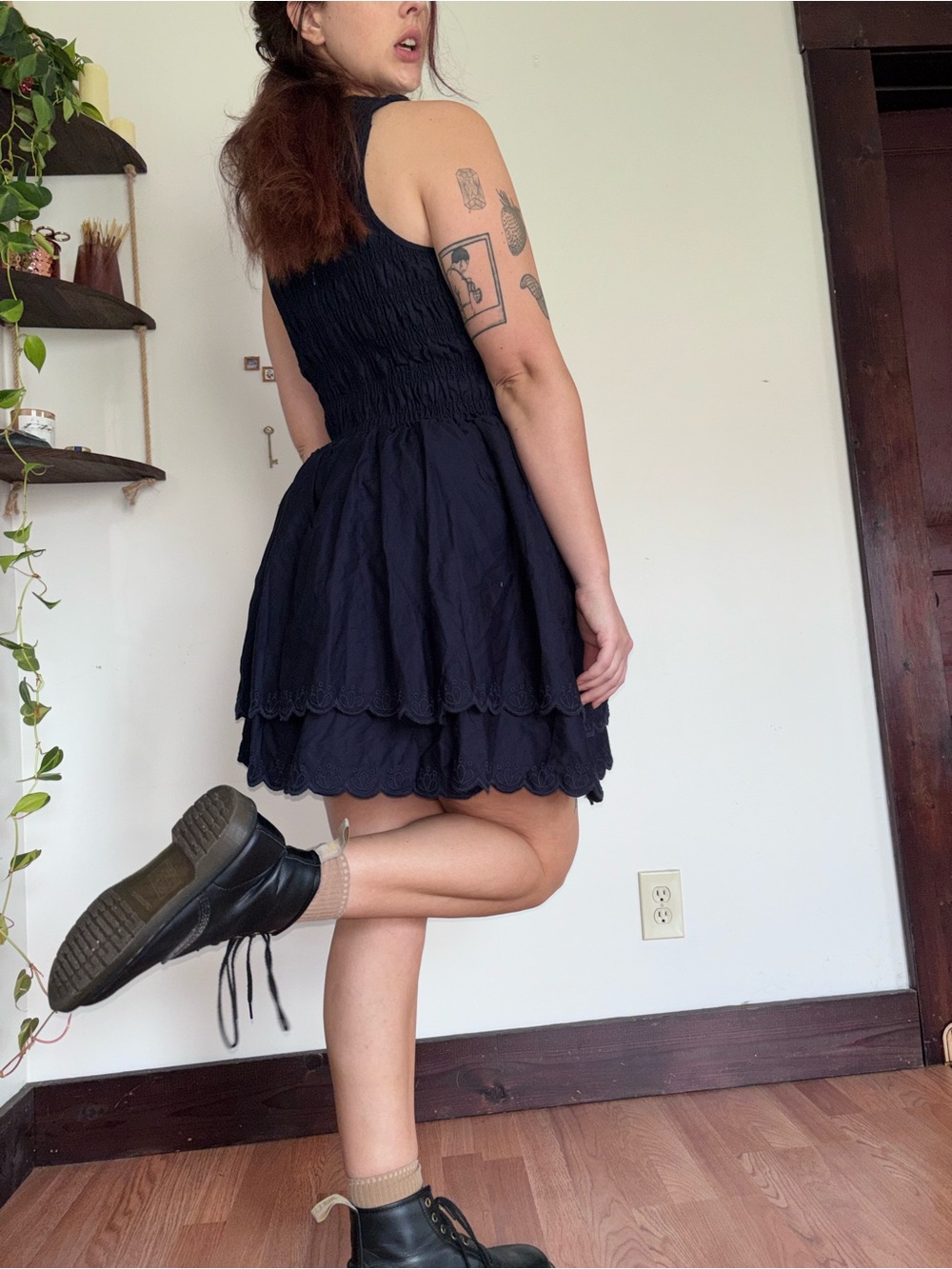 NWT Smocked Tiered Navy Blue Babydoll Sleeveless Dress Scalloped Hem - Picture 4 of 7